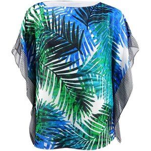 Calvin Klein Womens Plus Palm Print Striped Poncho Top